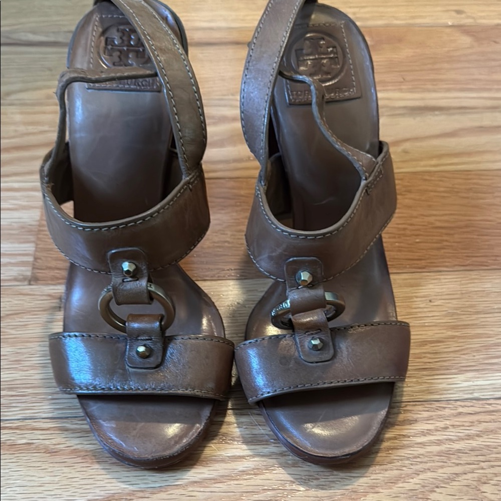 Tory Burch Brown Leather Chunky Heel Sandals